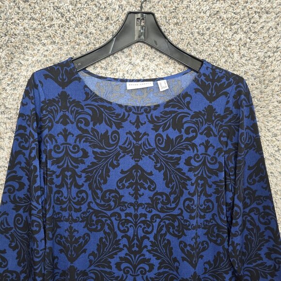 Susan Graver Top Womens Medium Blue Liquid Knit Printed Assymetrical Hem - Picture 4 of 7